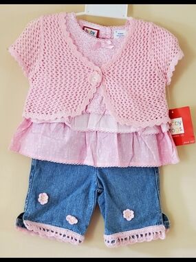 Baby Togs Pink Crochet Knit Top & Denim Pants Matching 3-pc Set